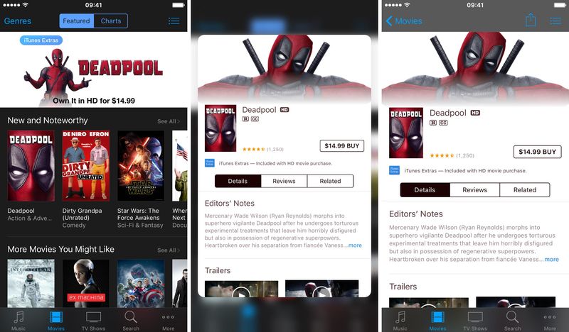 iOS 9.3 3D Touch iTunes Store Movies previews iPhone screenshot 001