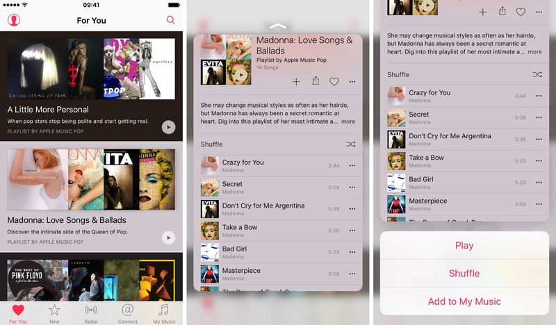 iOS 9 Music 3D Touch gestures iPhone 6s screenshot 001