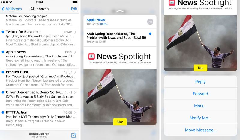iOS 9 Mail 3D Touch preview emails iPhone 6s screenshot 002