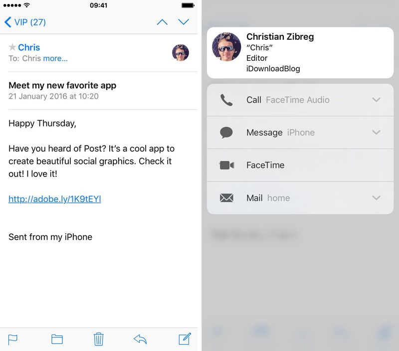 iOS 9 Mail 3D Touch preview contacts iPhone 6s screenshot 008
