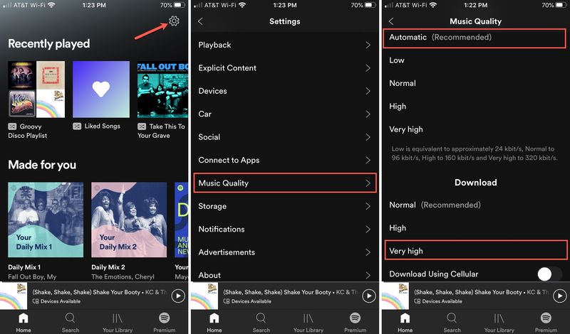 Paramètres de qualité de la musique Spotify iPhone