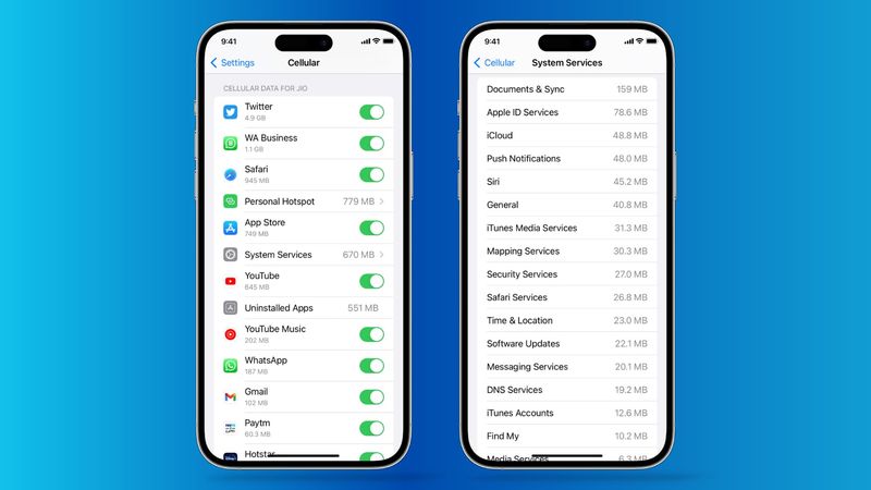 Données cellulaires utilisées par chaque application et service système sur iPhone