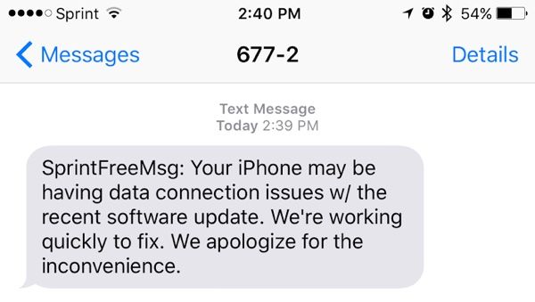 Message de sprint Problème iPhone LTE