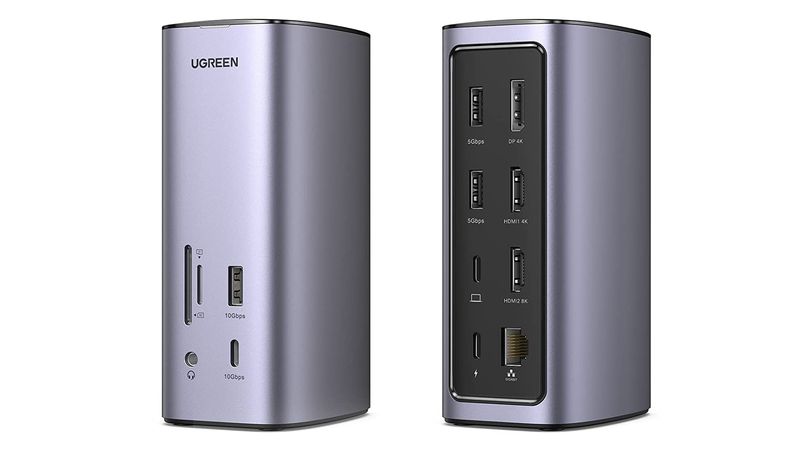 Two Ugreen Nexode docking stations, one showcasing the front ports and the other ones on the back