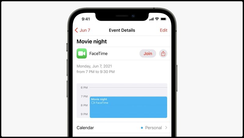 Diapositive WWDC21 montrant un lien FaceTime partageable dans le calendrier Apple