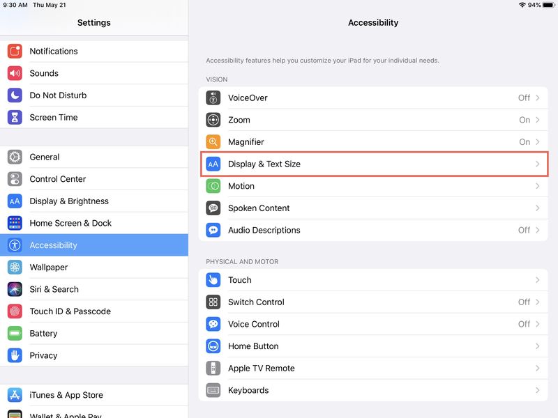 Accessibility Display and Text iPad
