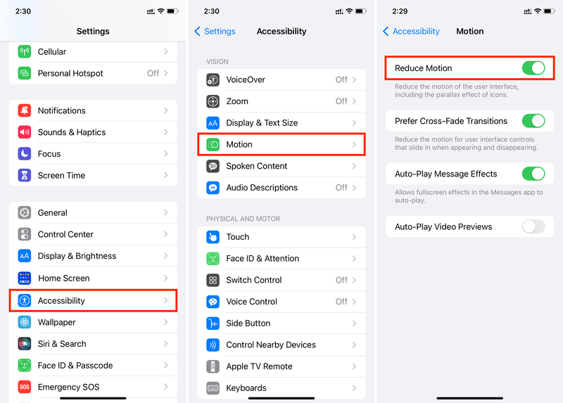Activer Réduire le mouvement et préférer les transitions enchaînées sur iPhone