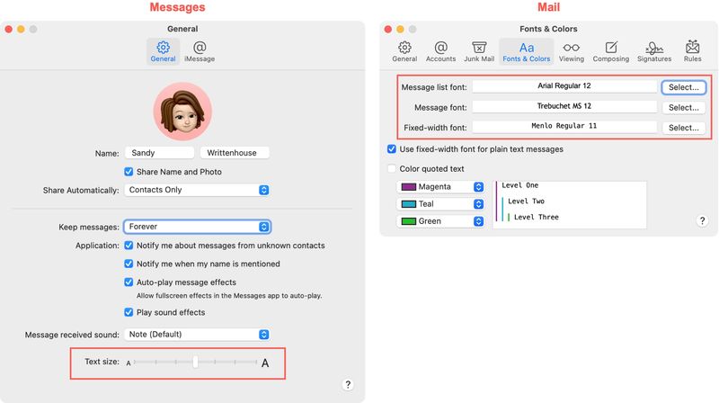 Message Mail Preferences Text Size