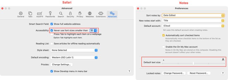Safari Notes Preferences Text Size