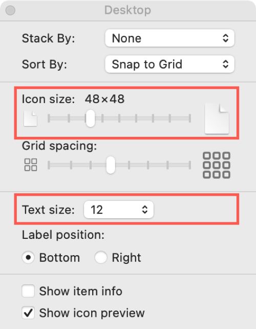 Desktop View Options Icon and Text Size
