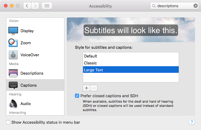 OS X Yosemite SysteM preferences Accessibility Captions Mac screenshot 001