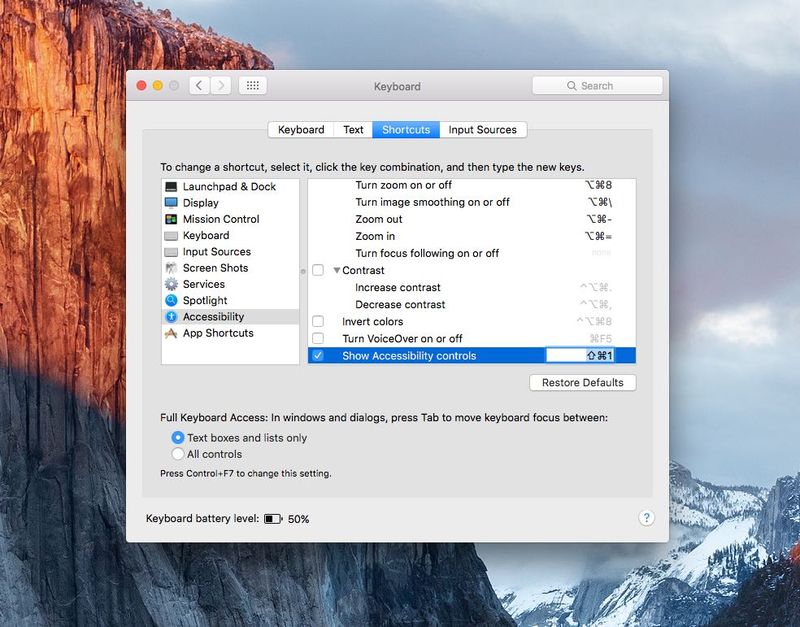 OS X Yosemite SysteM preferences Accessibility Keyboard Shortcuts Mac screenshot 002