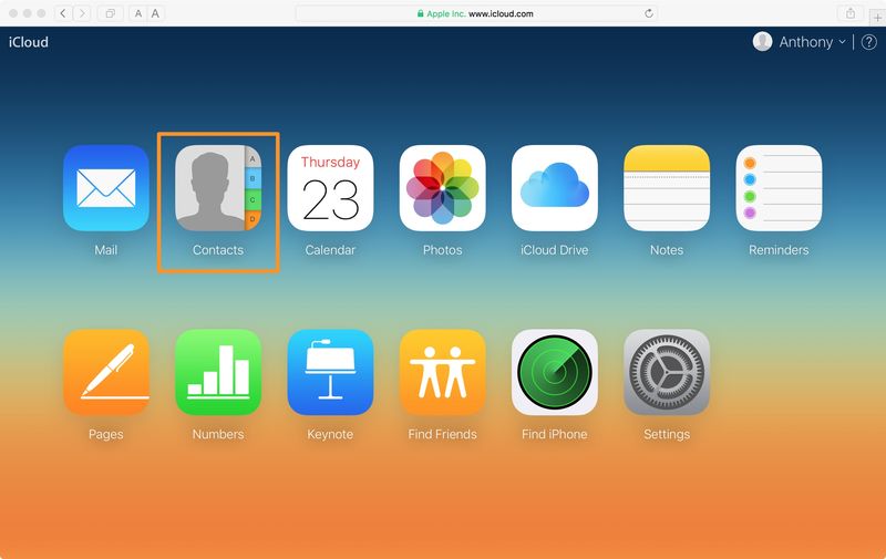 Application Contacts sur iCloud.com