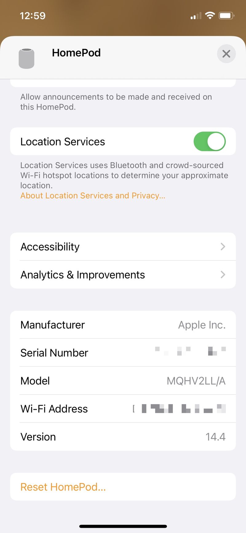 HomePod Serial and Version in the Home App