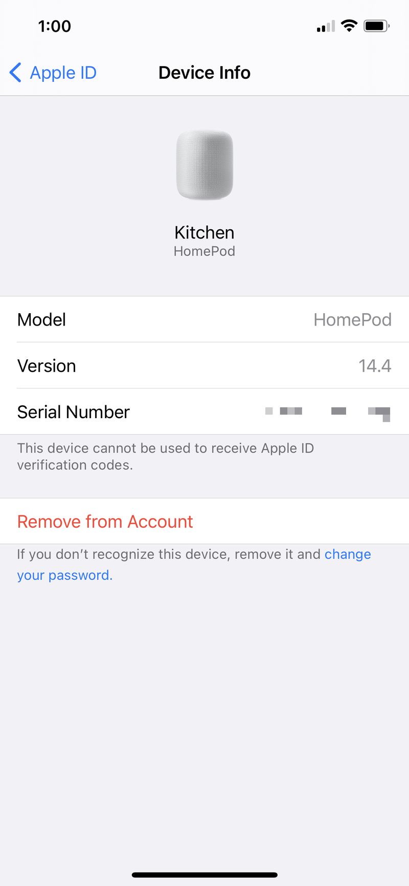 HomePod Serial and Version in the Settings App
