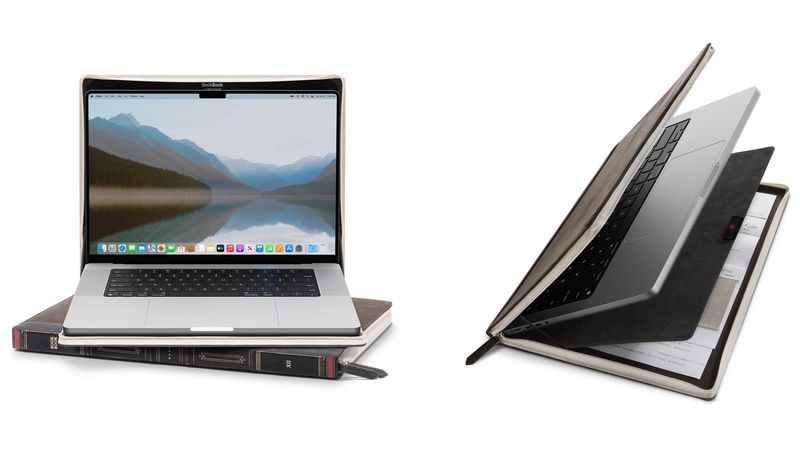 Two product shots showcasing the Twelve South BookBook leather cases for the M1 MacBook Pro. One image shows a closed case with Apple