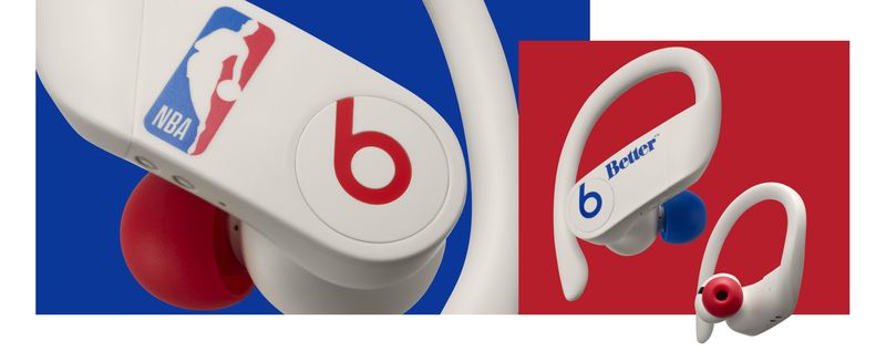 A marketing image showing the special-edition Powerbeats Pro truly wireless earbuds created for the 75th anniversary of the NBA, featuring red and blue ear tips with an NBA logo on the side