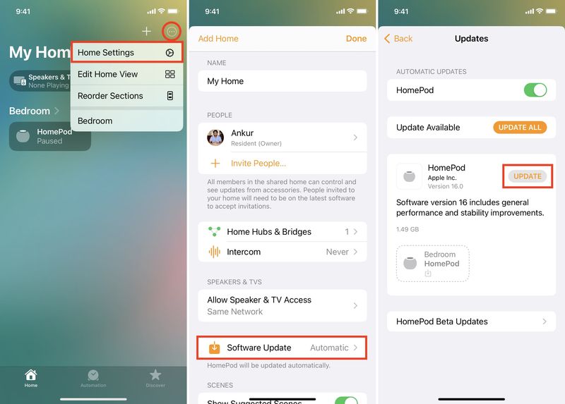 Three screenshots showing how to update HomePod using iPhone Home app