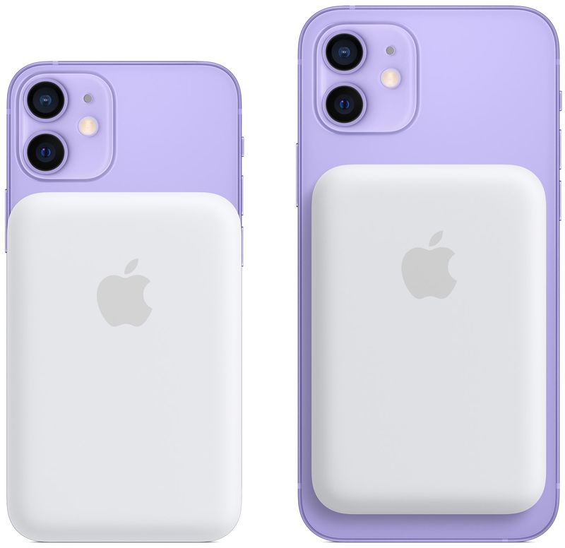 Promotional graphics showing the back of iPhone 12 mini and iPhone 12 in purple with Apple MagSafe Battery Pack attached magnetically on the back