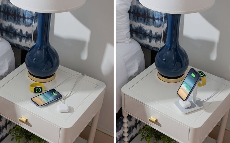 A before vs. after comparison of wired vs. multi-device wireless charging with Twelve South