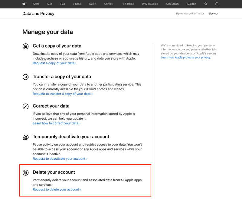 Demande de suppression de votre compte Apple