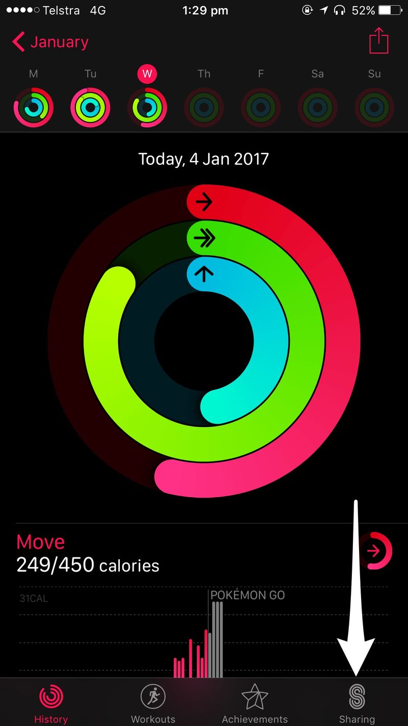 Sharing tab on Activity app on iPhone