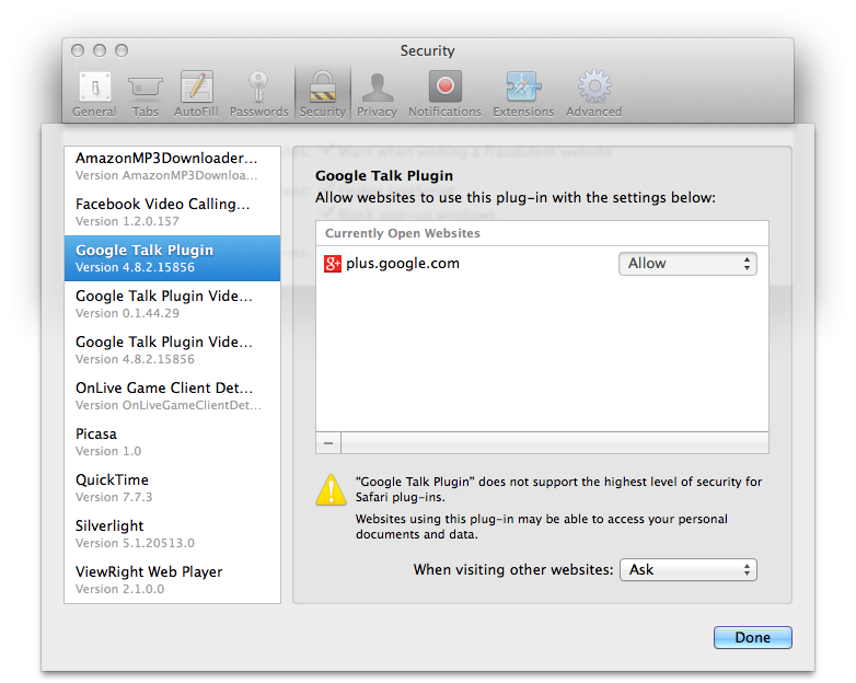 Safari on Mavericks (Settings, Security, Plug-ins 002)