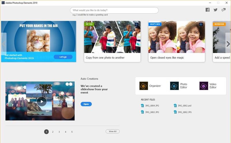 Adobe Photoshop Elements 2019 and Adobe Premiere Elements 2019 both have a redesigned Home screen