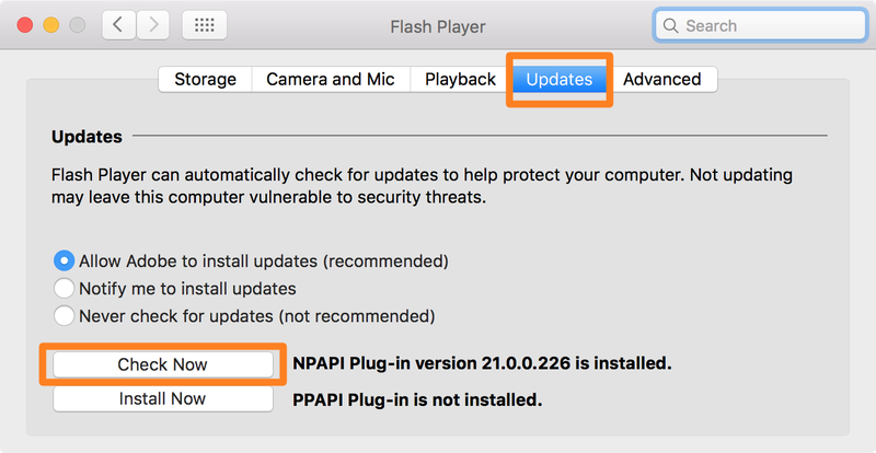 Adobe Flash Player Check for Updates Now