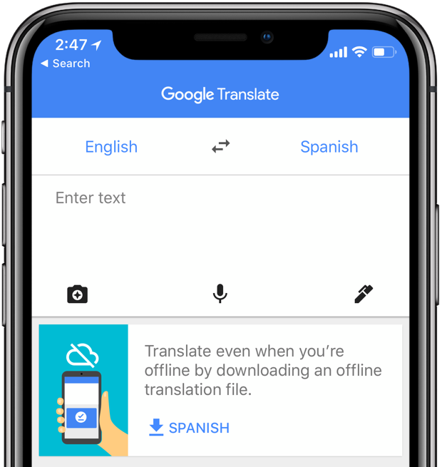 Google Translate for iPhone: a banner inviting the user to download language packs for offline support