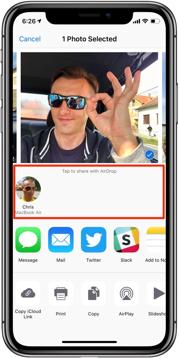Partage AirDrop à partir de Photos