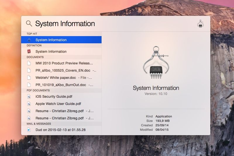 OS X Yosemite Spotlight Informations système sélectionnées Capture d