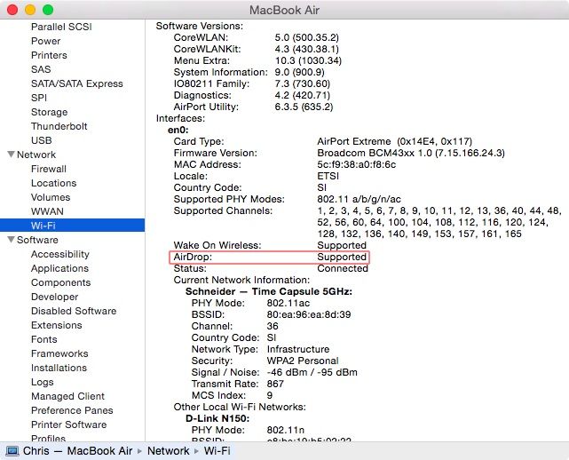 Informations système OS X Wi-Fi AirDrop pris en charge Capture d