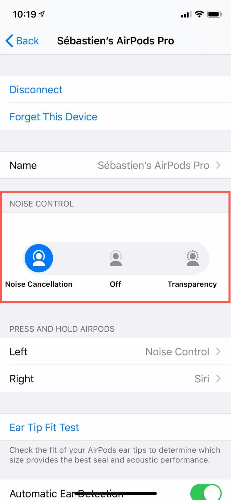Paramètres Contrôles du bruit AirPods Pro