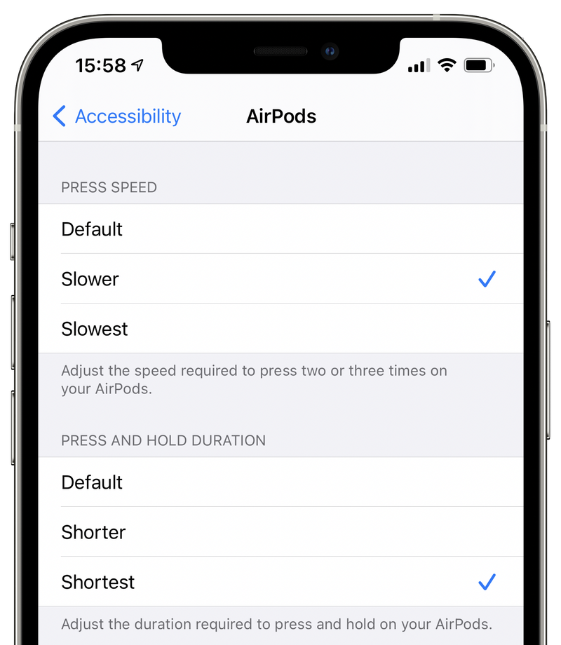 An iPhone screenshot showing customization for button presses in the AirPods accessibility settings