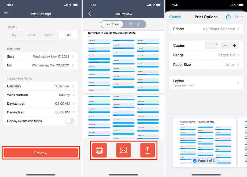 Exportez votre calendrier au format PDF ou imprimez-le sur iPhone