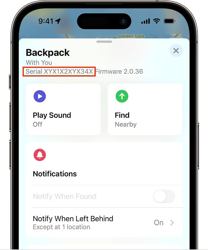 AirTag serial number in Find My app on iPhone