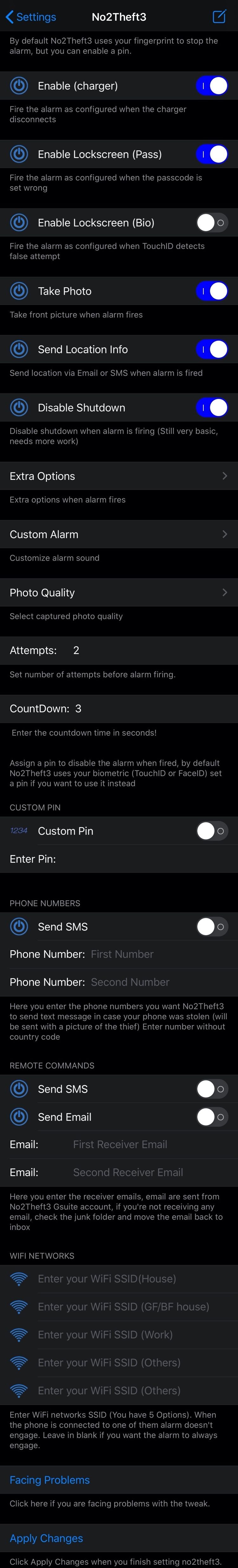 The options that come with No2Theft.