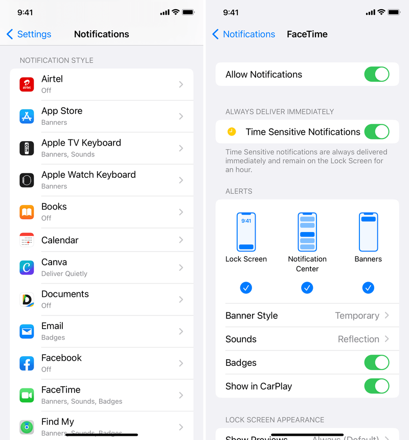 App notification in iPhone settings