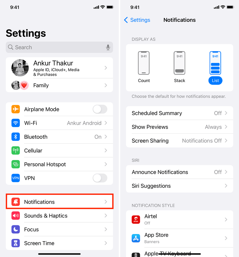 Notifications settings on iPhone