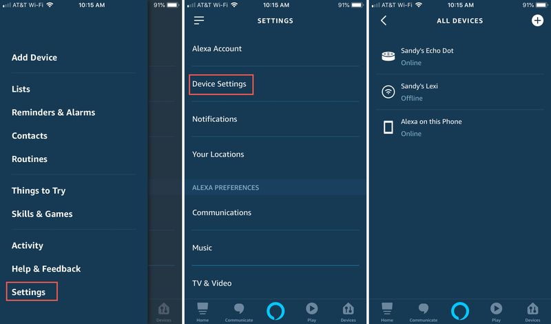 Echo speaker device settings from menu