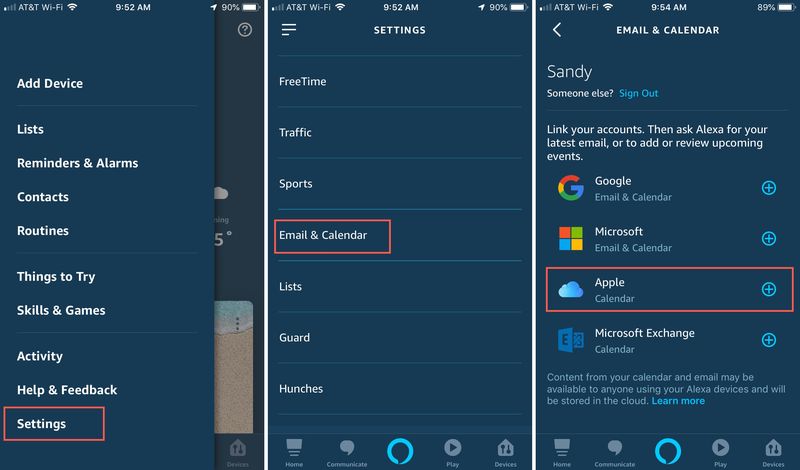 Paramètres Alexa Calendrier Apple sur iPhone