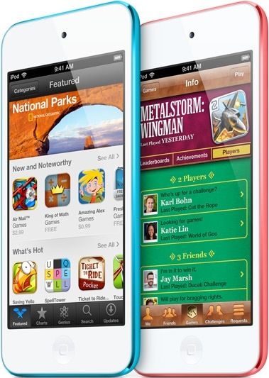 iPod touch (two-up, white, Game Center, App Store)