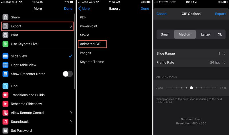 Paramètres GIF animés dans Keynote iPhone