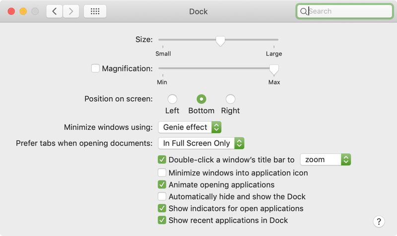 System Preferences Dock Settings