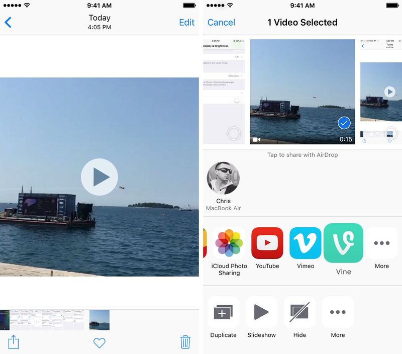 iOS 9.3 Photos Share video to Vine iPhone screenshot 001
