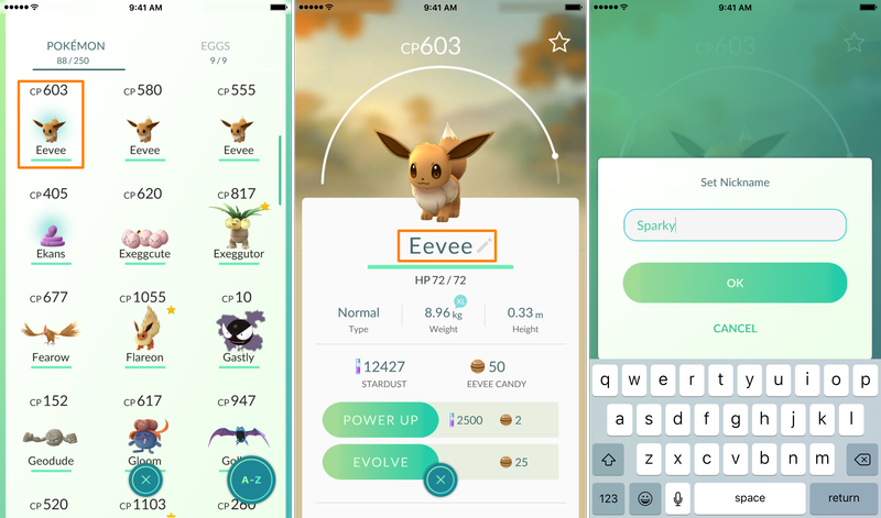 Renommez Eevee en Sparky pour évoluer en Jolteon