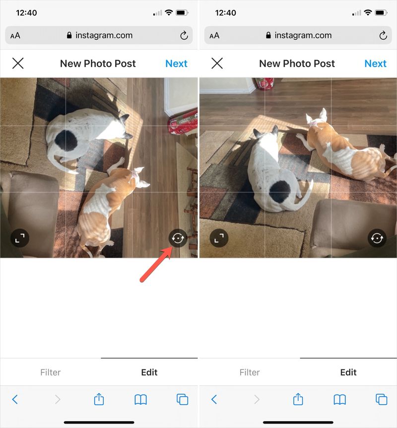 Faire pivoter une photo sur Instagram dans Safari sur iPhone