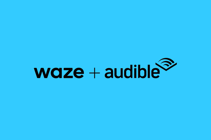 An image showing the black Waze and Audible logos set against a bright blue background