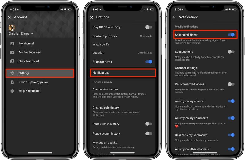 YouTube scheduled digest enable